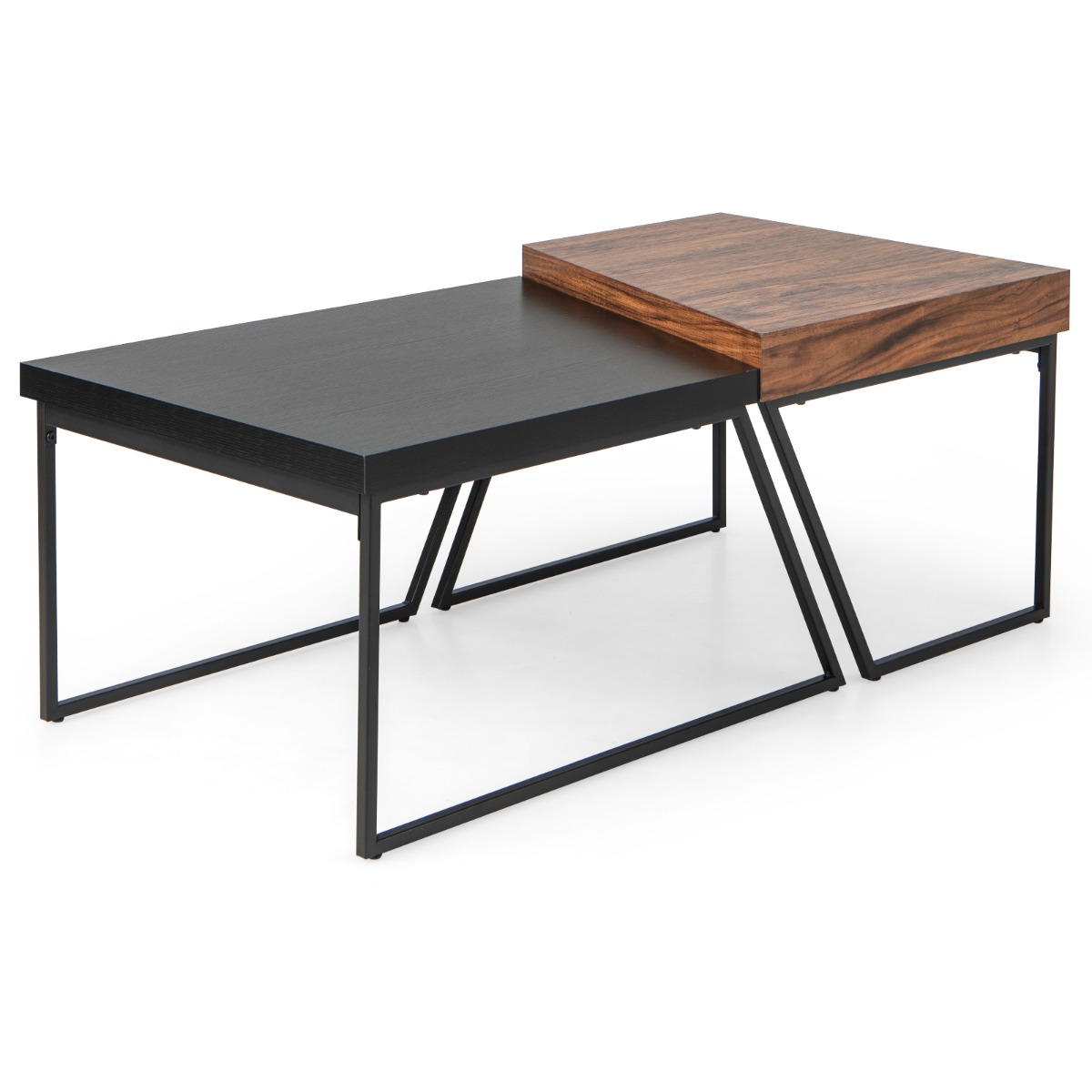 Tavolino da caffè con gambe in metallo da 2 pezzi, Tavolino impilabile moderno per soggiorno Nero e marrone