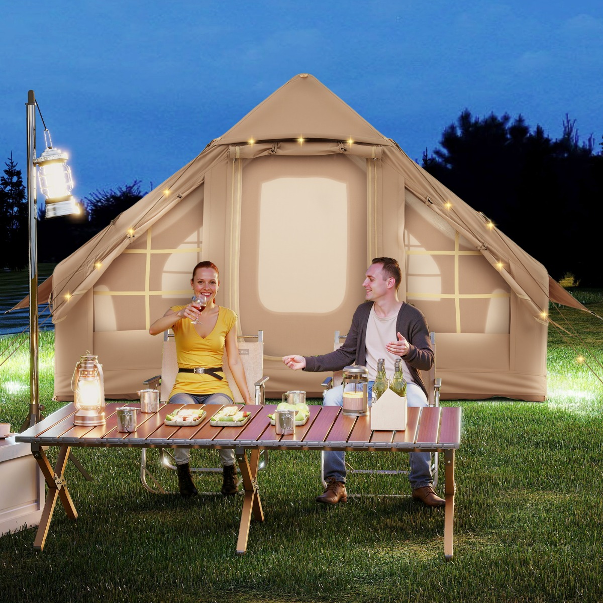 Costway Tenda gonfiabile per 4-6 persone con 4 finestre a rete e prese d'aria superiori, Grande tenda da campeggio per pesca Beige