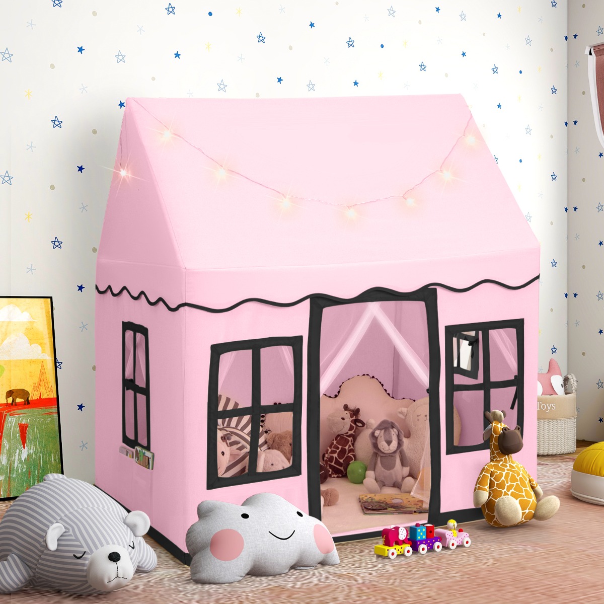 Costway Tenda da gioco per bambini con luci a stella tappetino in velluto lavabile, Casetta per interni ed esterni Rosa