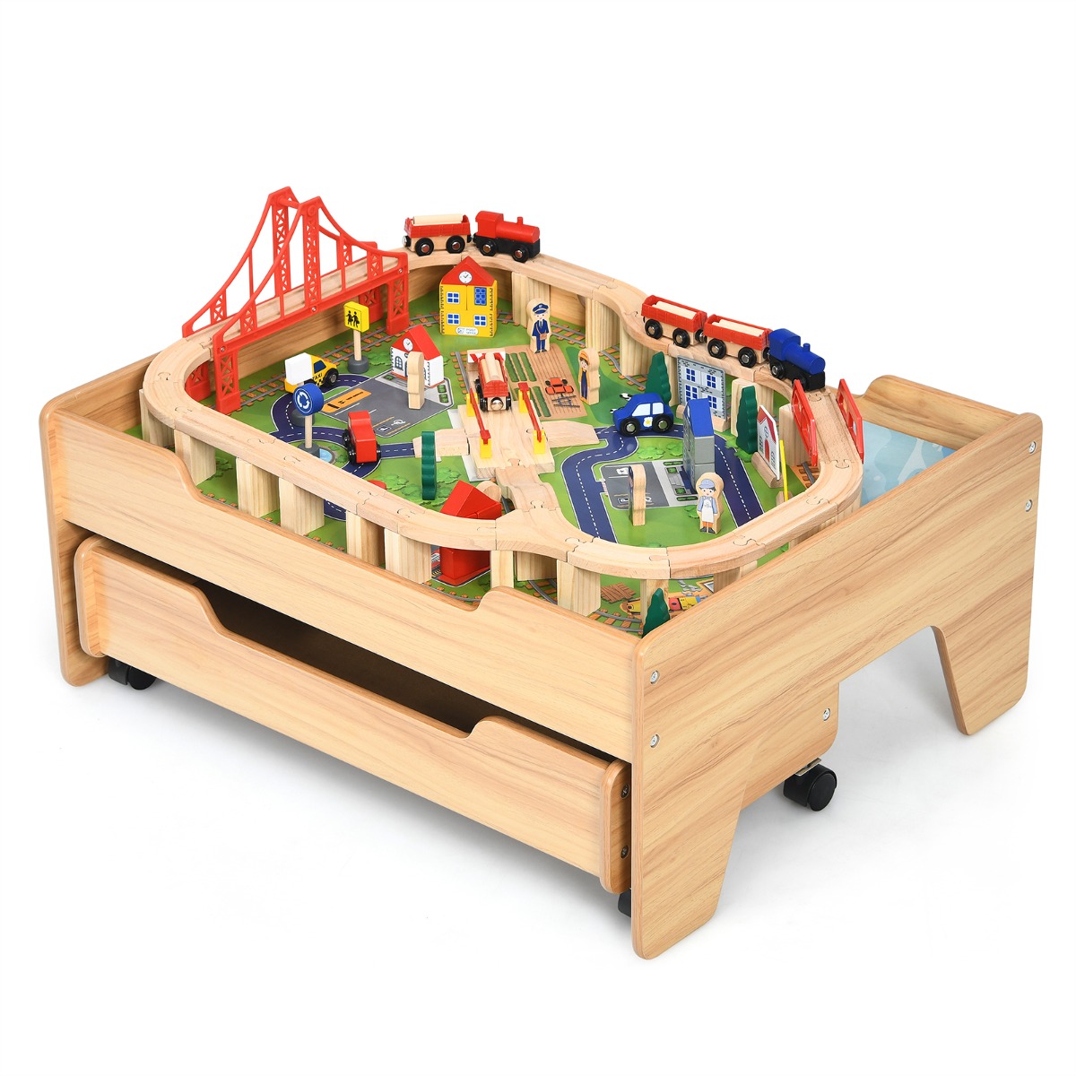 Costway Set tavolo di legno con binari ferroviari per bambini, Tavolo attività con ruote bloccabili e 100 pezzi