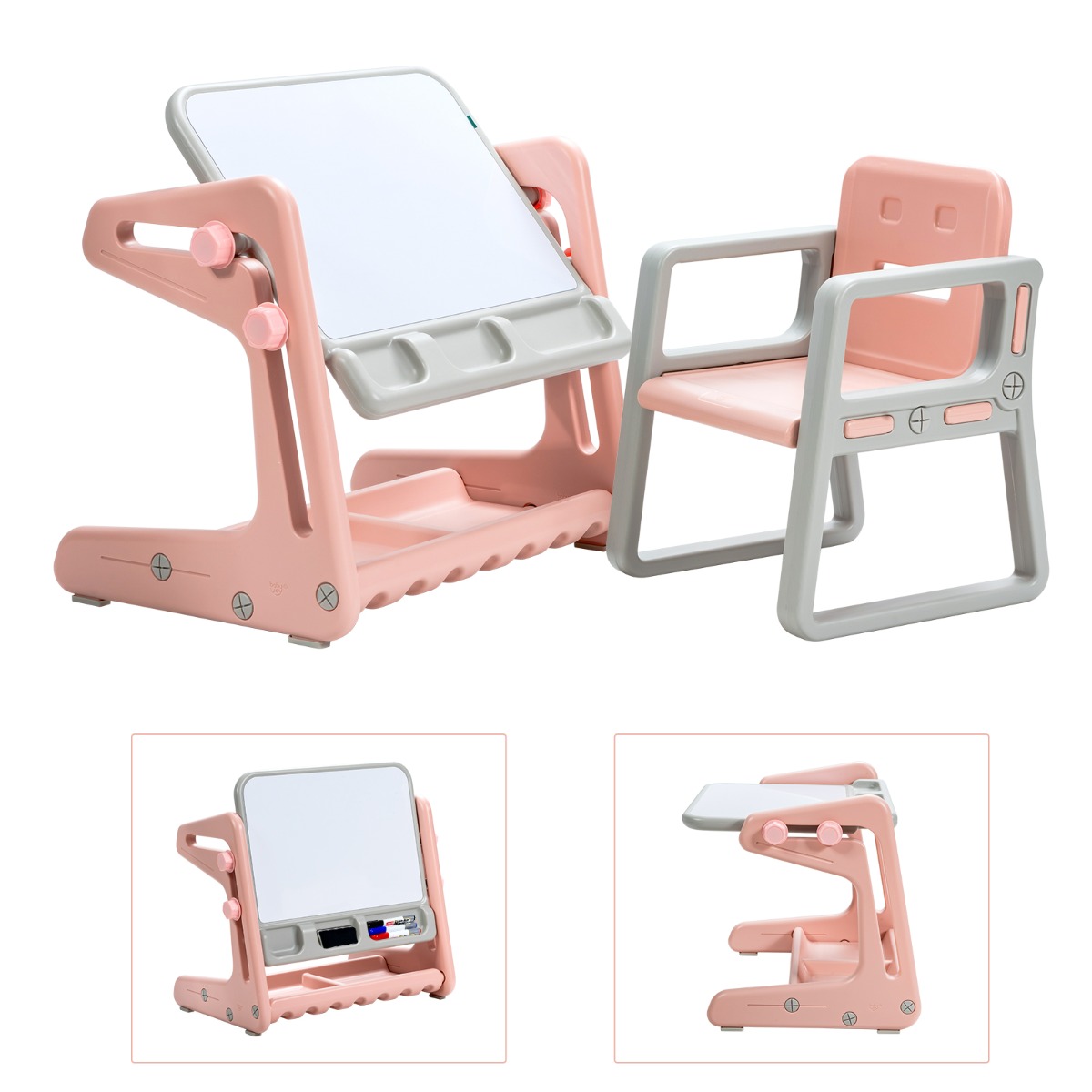 Costway Tavolino per bambini con sedia, Tavolo magnetico 2 in 1 con ampio spazio e regolabile in altezza Rosa