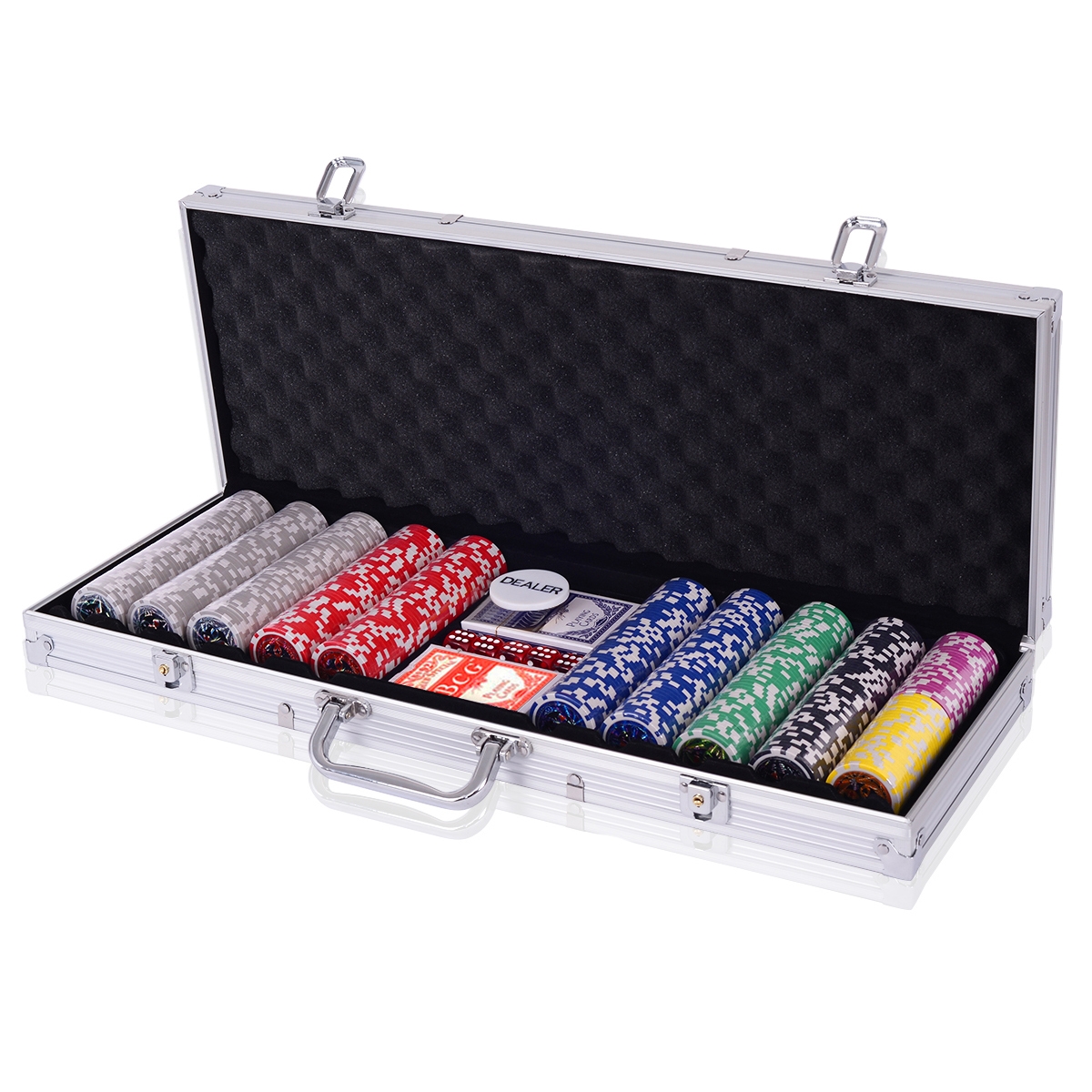Costway Set da Poker Chips Casino Game con dadi da gioco 300 pz in custodia in alluminio Argento