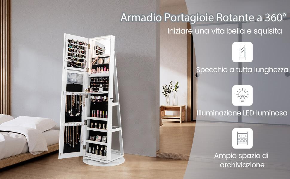 VidaXL Armadio Portagioie A Specchio Con Luci LED E Serratura - Mobile A Parete Nero Con 2 Cassetti, Ganci E Ripiani, Protezione Antigraffio - 2