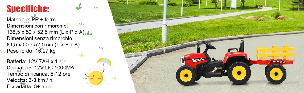 LALAHO Trattore Con Rimorchio Per Bambini 12V - Luci LED, Musica, Telecomando, Da 3 A 6 Anni